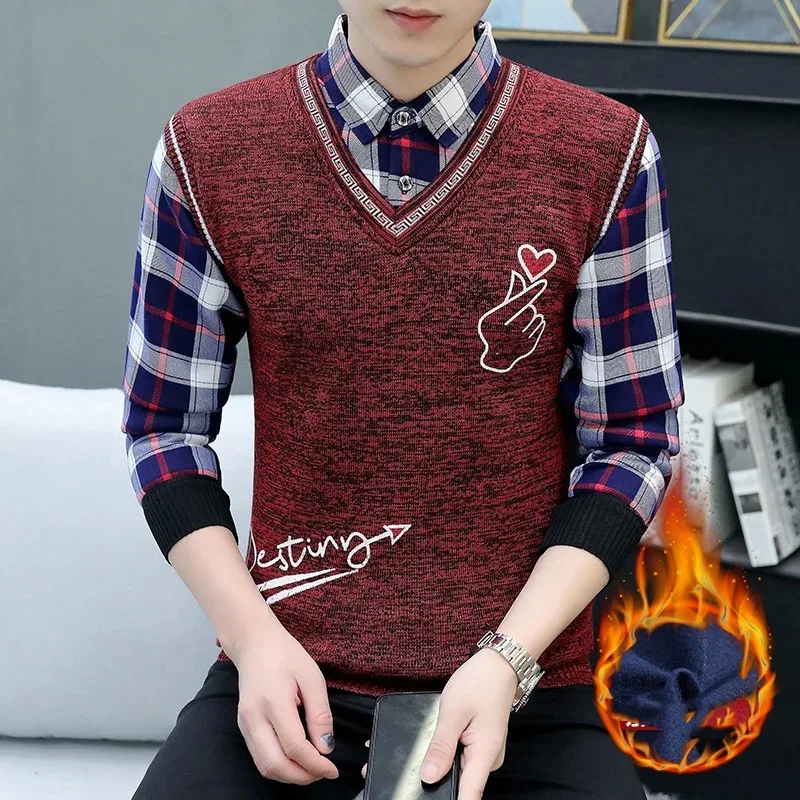 Men's Autumn Winter Pullover Turn-down Collar Plaid Button Lettering Printed Long Sleeve Sweater Knitted Undershirt Formal Tops