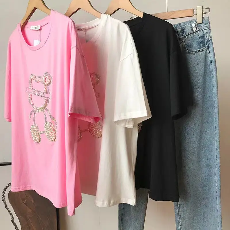 Heavy Rhinestone Fashion Short Sleeve T-shirt Women 2023 New Summer Korean Cartoon Bear Beaded Loose Mid-Length Pink Tshirt Top