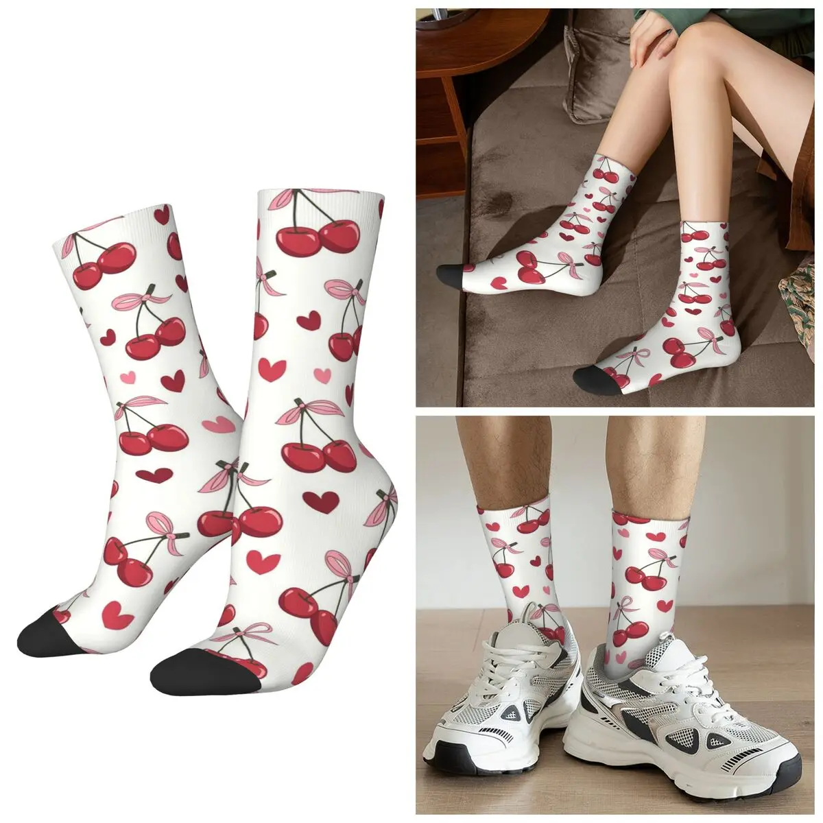 

All Seasons Retro Style Cherry Theme Socks Harajuku Crew Socks Sweat Absorbing Stockings for Men Women Christmas Gifts