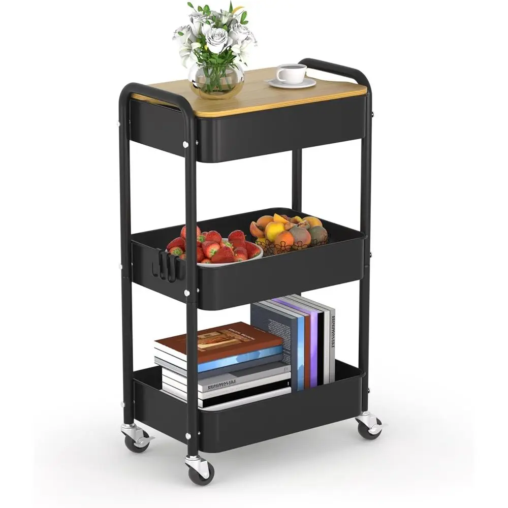 

3 Tier Metal Utility Cart, Rolling Storage Cart with Wooden Tabletop, Metal Organizer Cart with Lockable Wheels or Oice, Bedroom