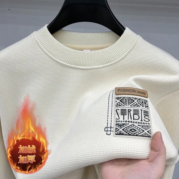 

2024 Winter Thiened Fce Lined Hoodl Sweatirt Men's Crew Ne Pullover Warm Knitwear Young Adult Base irt Trendy