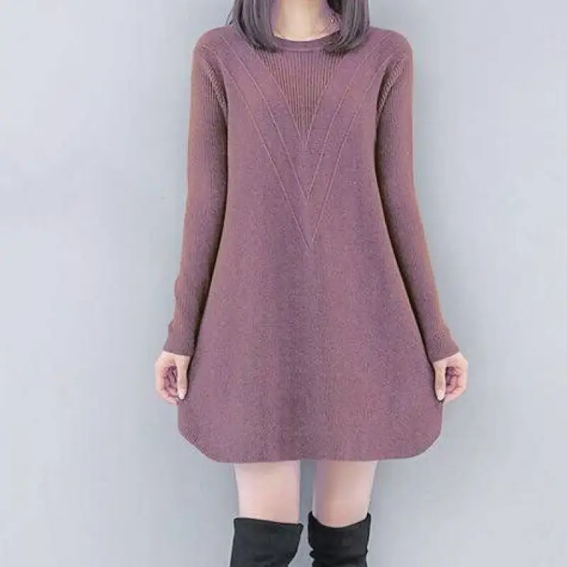 2024 Autumn New Women\'s Korean Fashion Round Neck Long Sleeved Solid A-line Skirt Loose Casual Commuting Comfortable Dress