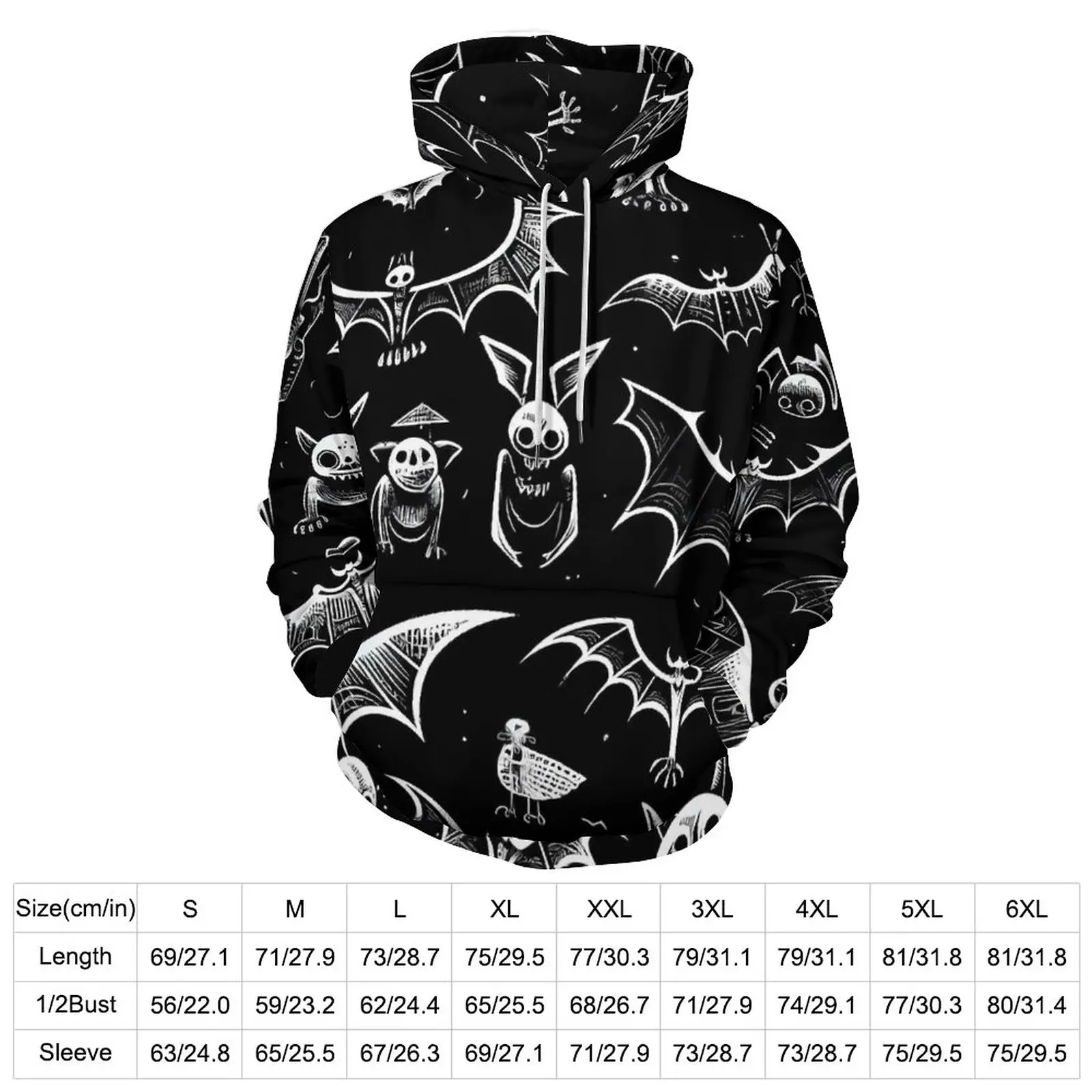 Bat Sketches Loose Hoodies Halloween Print Funny Pullover Hoodie Man Long Sleeve Oversized Street Wear Custom Tops