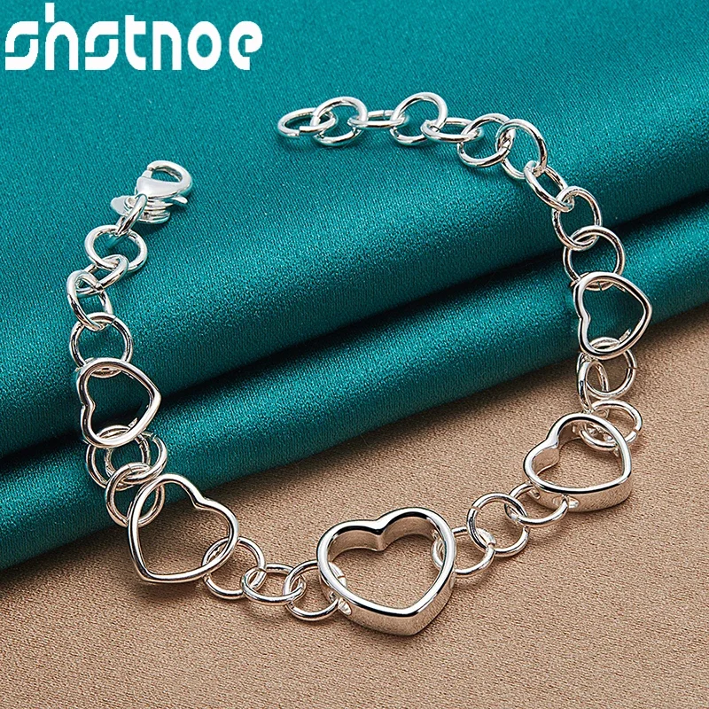 

SHSTONE 925 Sterling Silver Full Heart Chain Bracelet For Women Party Valentines Romantic Cute Gifts Lady Fashion Charm Jewelry