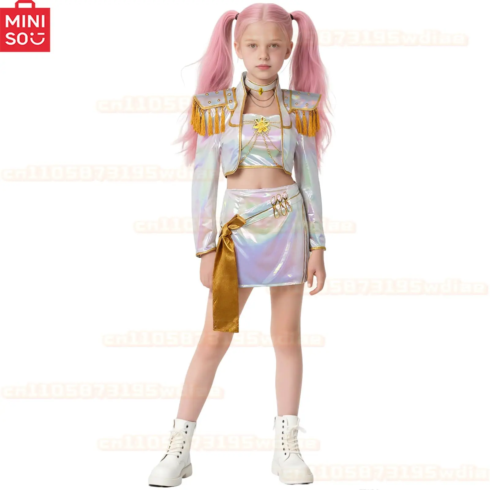 

MINISO MIRA COSPLAY KPop Demon Hunters Movie Cosplay Dress for Girls Mira Rumi Zoey Stage RolePlay Children's White Gold Set