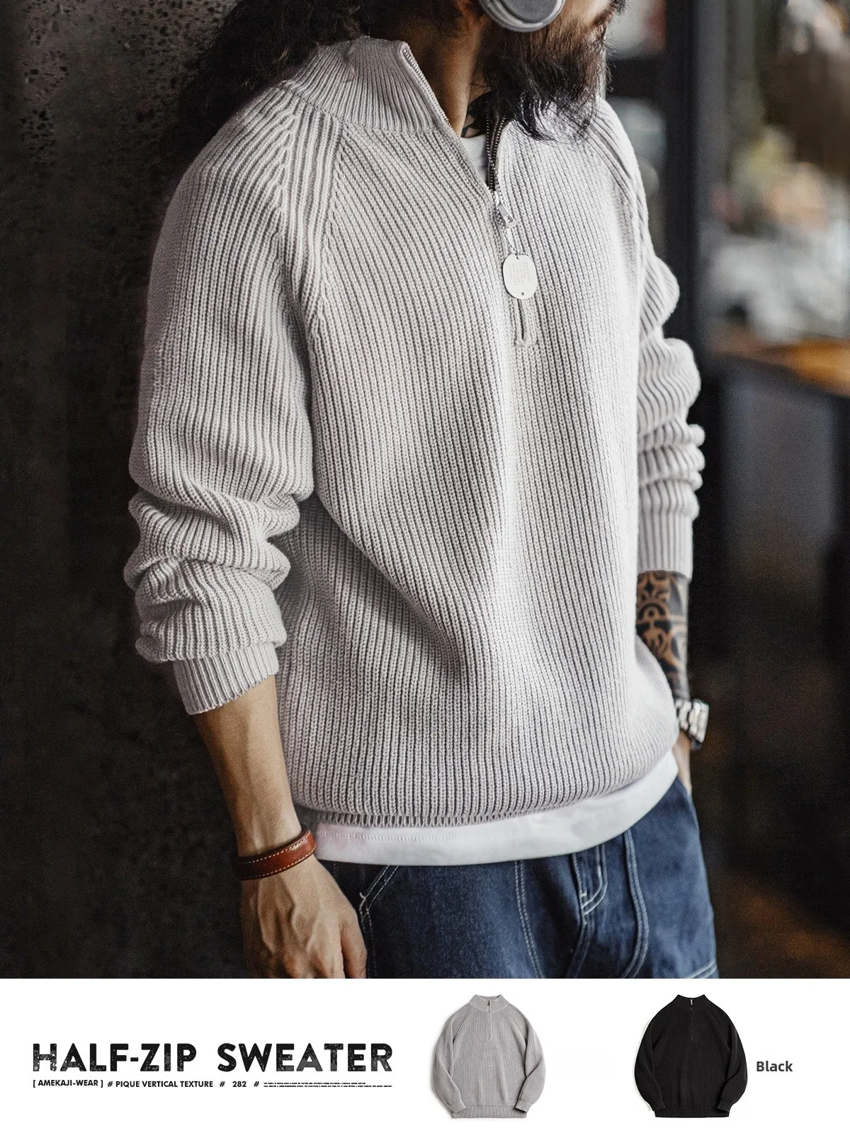 

Maden Men's Zip-Up High Collar Knitwear f-Zip Sweater Autumn Winter Cotton Polyester Blend Warm Color Straight Fit