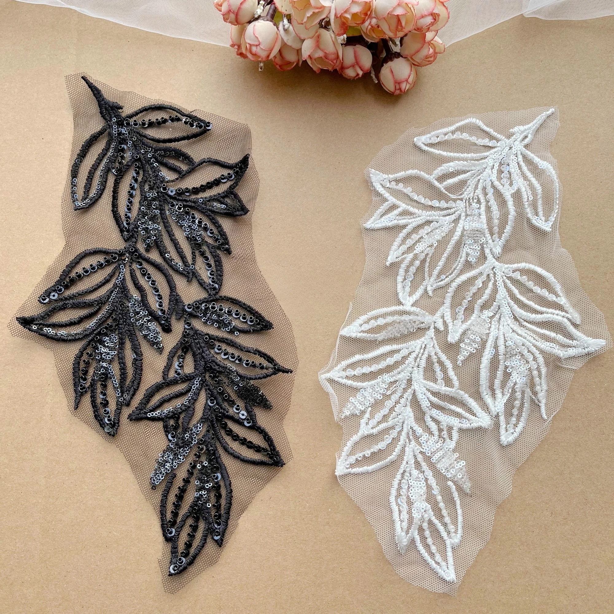 2 Pairs Customized Black White Dual Color Nail Bead Leaf Embroidery Lace Fabric DIY Wedding Dress Clothing Background Decoration