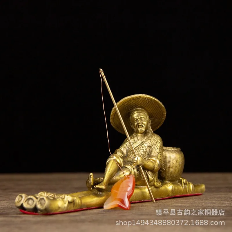 

Brass Taigong Fishing Wishing to Be Hooked Ornament Jiangnan Rainy Jiang Ziya Bronze Statue Fisherman De