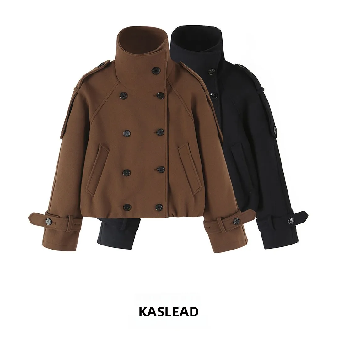 KASLEAD Women's Fashion High-End Double-Breasted Chimney-Neck Jacket Long Sleeve Short Style Polyester Fiber Autumn New Arrival