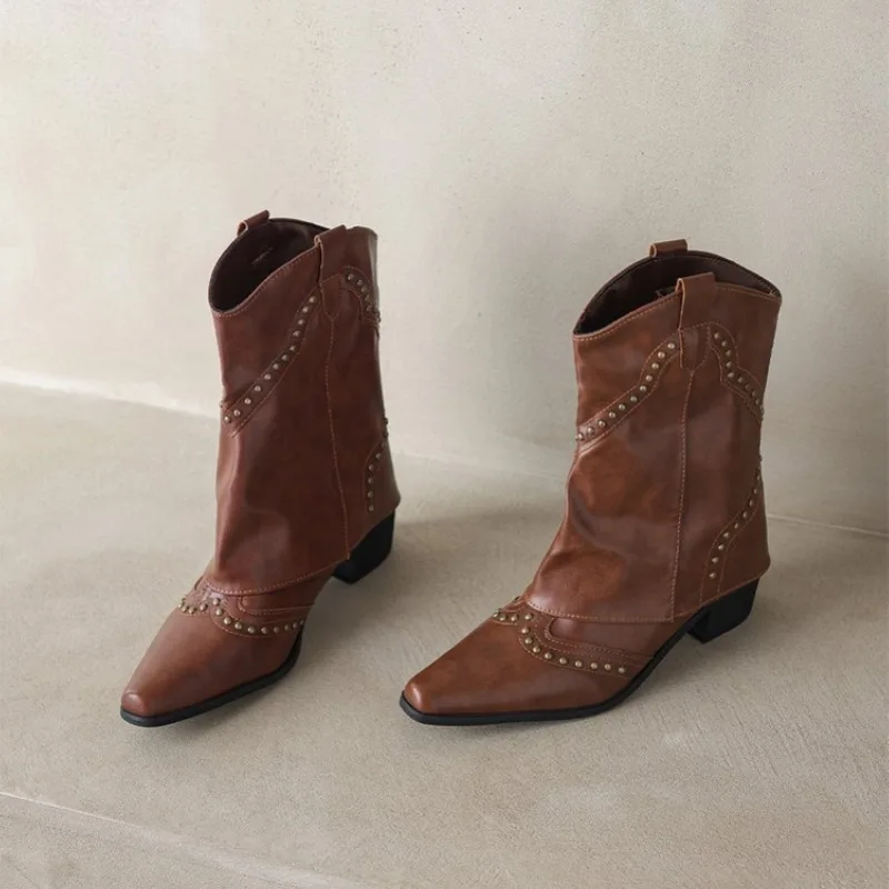 2024 Wasteland Style Vintage Trouser legs Western Boot Black Knee High Boots Women Brown Maillard Rivets Punk Winter Shoes