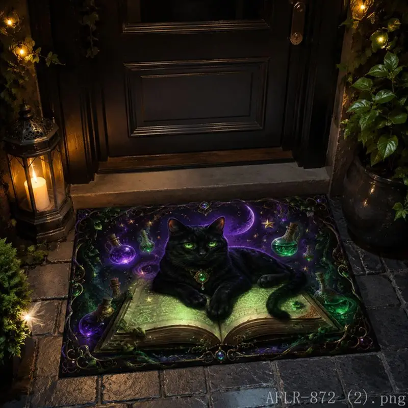 Tapis de porte Halloween avec motif balai de sorcière et livre magique, tapis antidérapant effrayant avec citrouille et lune, tapis de sol esthétique, décoration vintage pour la maison