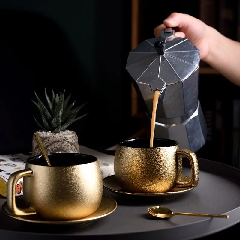 

High-End Golden Coffee Cup Saucer Set Home Simple Tea Cup Spoon Saucer Nordic Afternoon Tea Cup Water Mug Household Tea Set