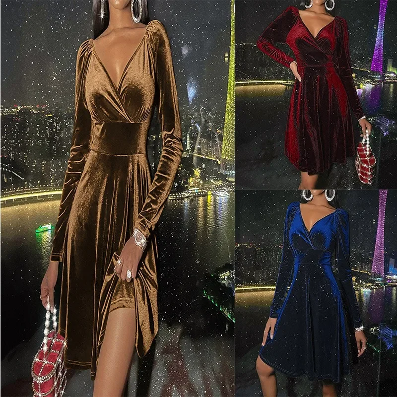 Abiti da sera natalizi per donna Sexy scollo a V manica lunga elegante festa di nozze vacanza casual corto Mini Vestido Para Grados