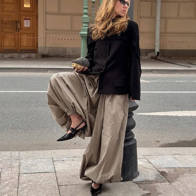 Talenza Women Thin Lantern Pants Fashion Retro Loose Casual New Plaid Trousers High Waist Chic Patchwork Female Trousers Outfits