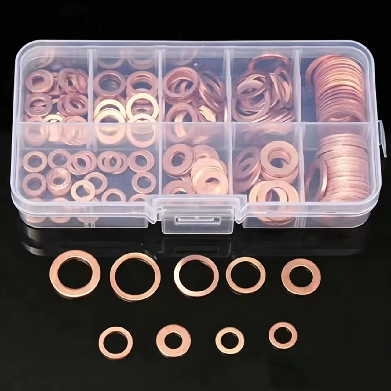 Juego de 100 arandelas de cobre, juntas, tuercas y tornillos, kit surtido de anillos planos con caja M4/M5/M6/M8/M10/M12/M14 para tapones de cárter