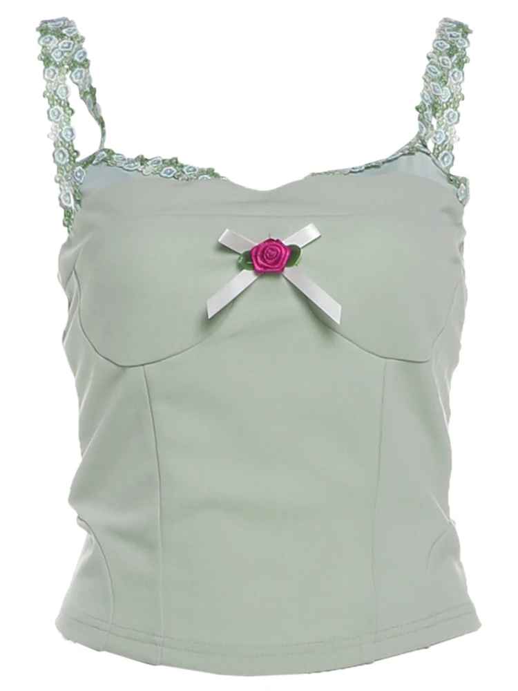 Weird Puss Sweet 3D-Rosen-Dekoration, 2-teiliges Set, Patchwork-Design, eng anliegendes Top mit tiefem Ausschnitt + Minirock mit Spitzenfalten, Party- und Sommer-Outfit. – Detail 3