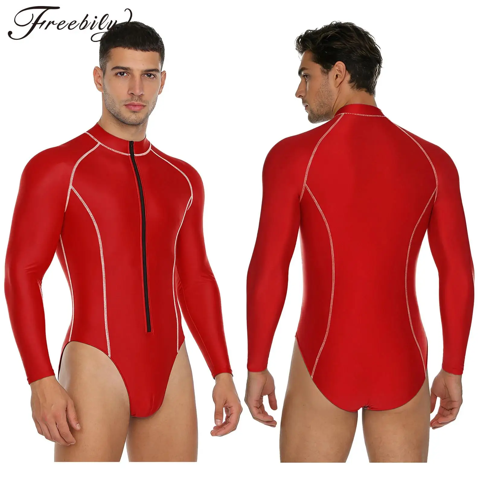 Men Swimwear Rash Guard Long Sleeve Glossy Zipper Bodysuit Swimsuit Bathing Suit Wetsuit Beach Surfing Fitness Workout Costume