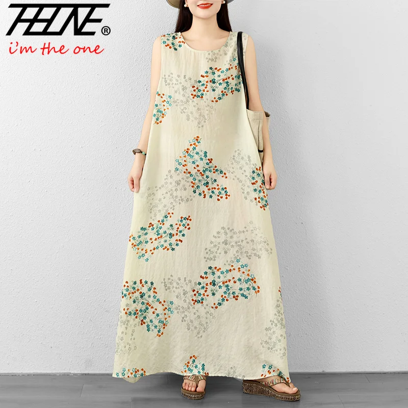 THHONE Vestido Largo sin Mangas de Verano para Mujer 2026, Cuello Redondo, Estampado Bohemio, Estilo Casual de Playa para Vacaciones, Vestidos para Mujer