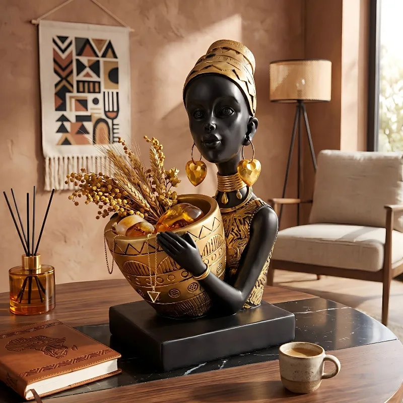 Storage of Resin Statues of African Tribal Art, Storage Trays, Gold and Black Sculptures, Entrance Table, Living Room Decoration