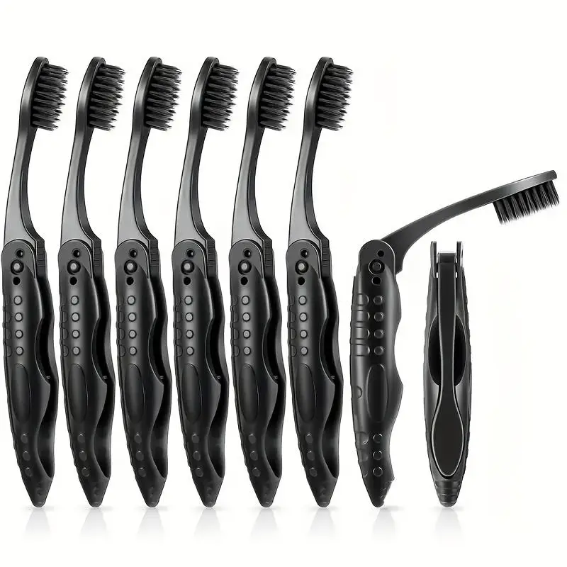 【1/3/5Pcs Portable Black Full-head Manual Folding Travel Toothbrush Medium Bristles Microfiber Unscented Easy To Clean】