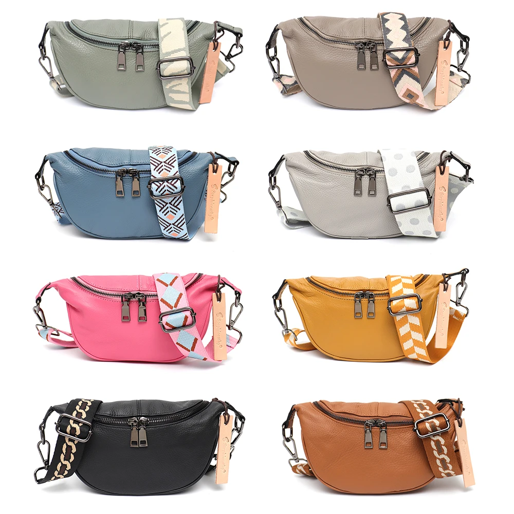 SC Luxury Genuine Leather Chest Pack Women Shoulder Bags Zipper Crossbody Handbags Fashion Random Strap Small Messenger Purses