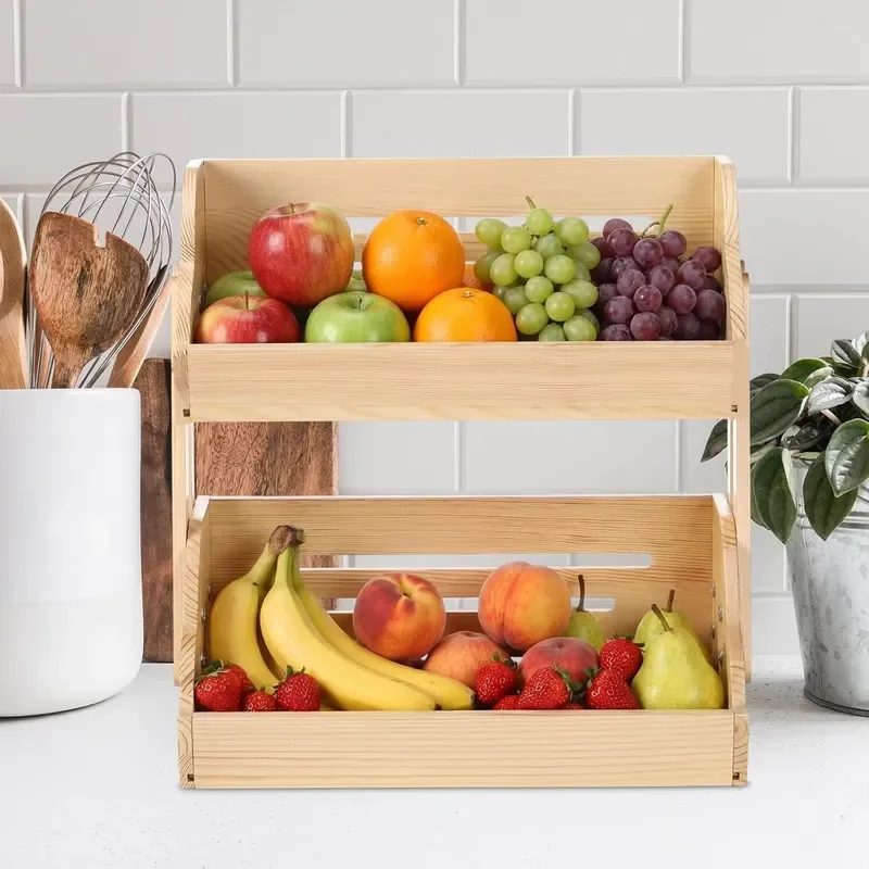 Bamboo Kitchen Storage Rack Fruit Vegetable Bread Basket Holder Natural Wood Organizer Shelf for Countertop Pantry Food