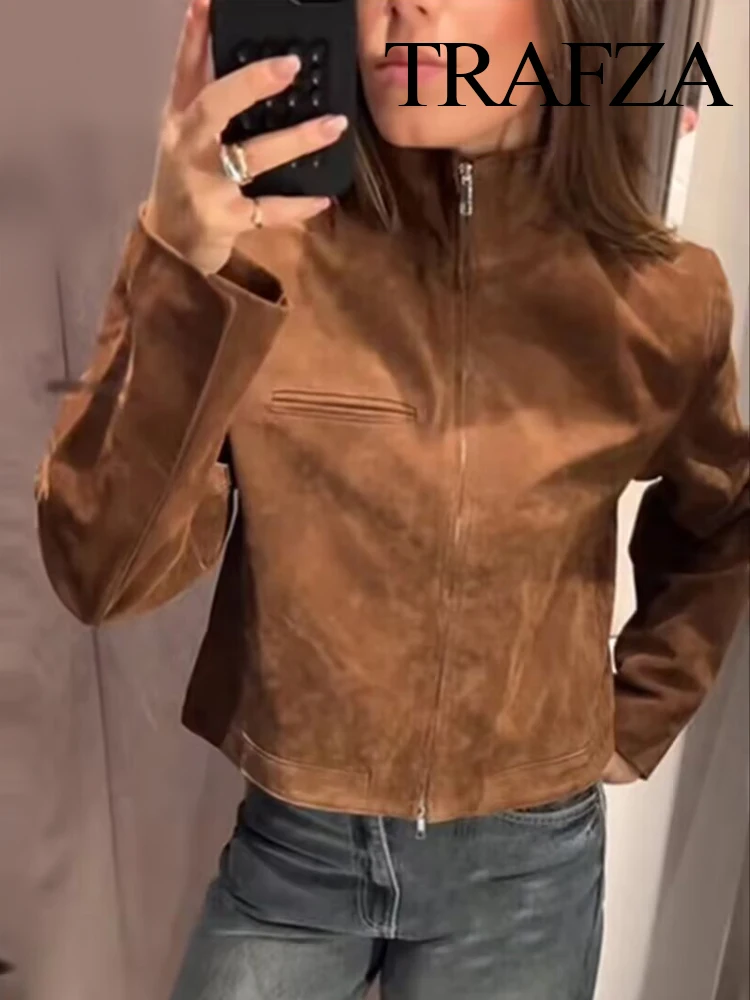 

HH Woman's New Fashion Slim Pocket Short Jackets Solid High Collar Long Sleeves Zipper Female Autumn High Street Coat