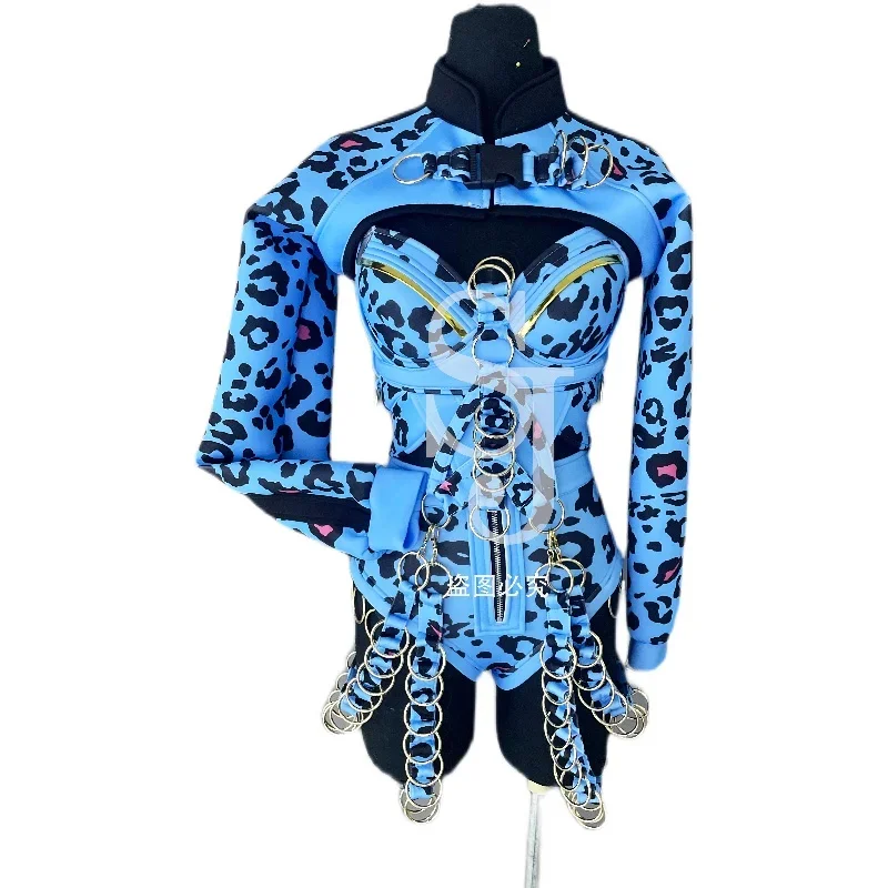 Bühnen performance tragen sexy Gogo Tanz kleidung Pole Dance Kostüm Frauen blau Leopard Kette Bodysuit Rave Outfit DJ ds