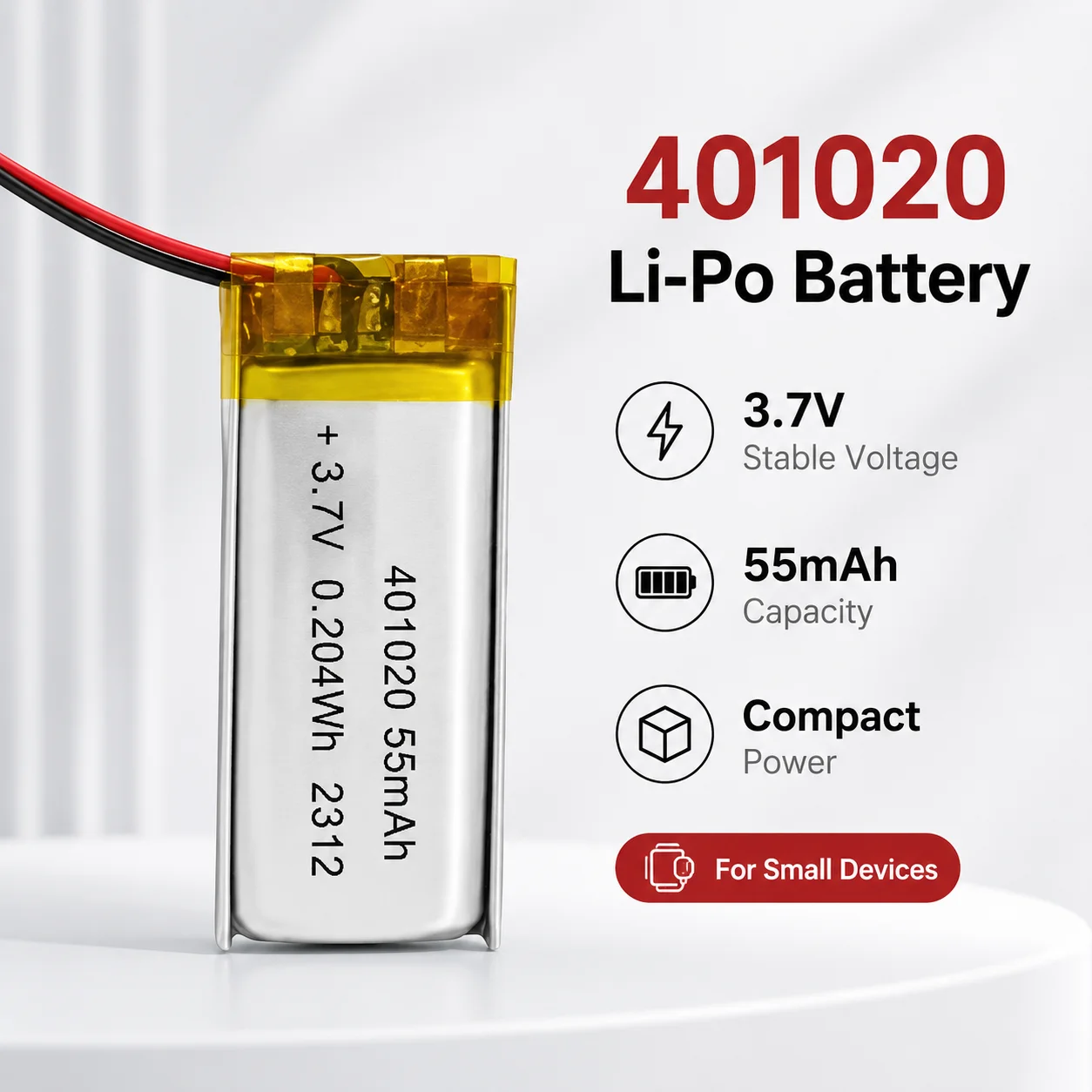 3.7V 401020 55mAh High Capacity LiPo Battery Rechargeable Lithium Cell for Mini Electronic Devices Bluetooth Audio Watch