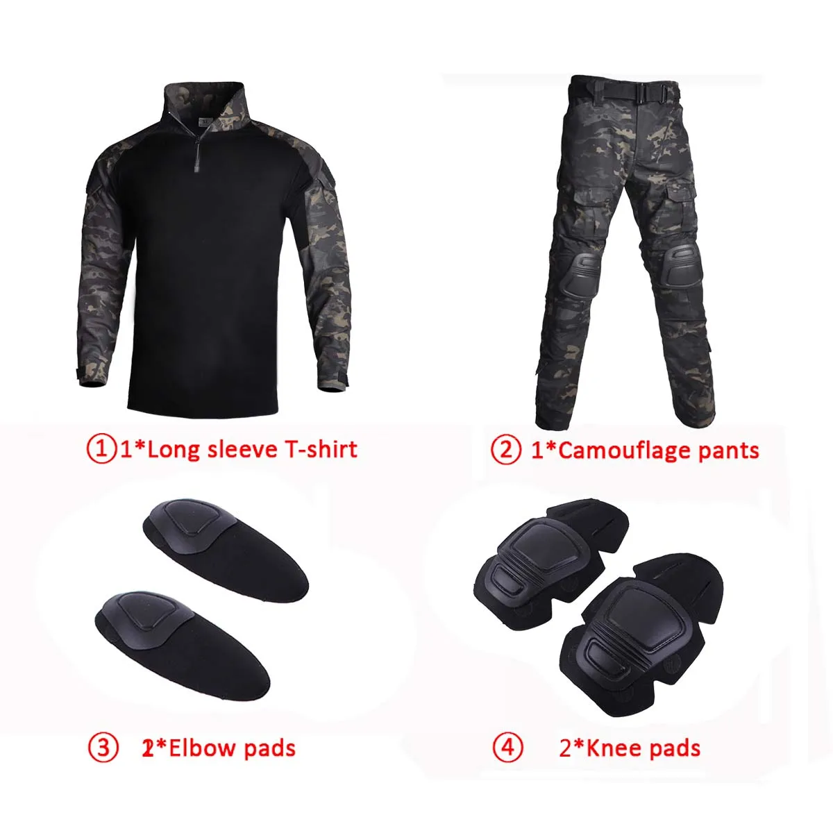 Tactical Sets Outdoor Long Sleeve Black Camo Wear-resisting T Shirts+Multi-pocket Tactic Cargo Pants Training Workwear Set
