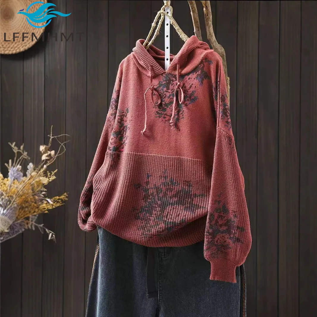 

Новое зимнее поступление, женский свободный вязаный пуловер, повседневный топ, модная винтажная толстовка с принтом, вязаный свитер из хлопковой пряжи с длинными рукавами