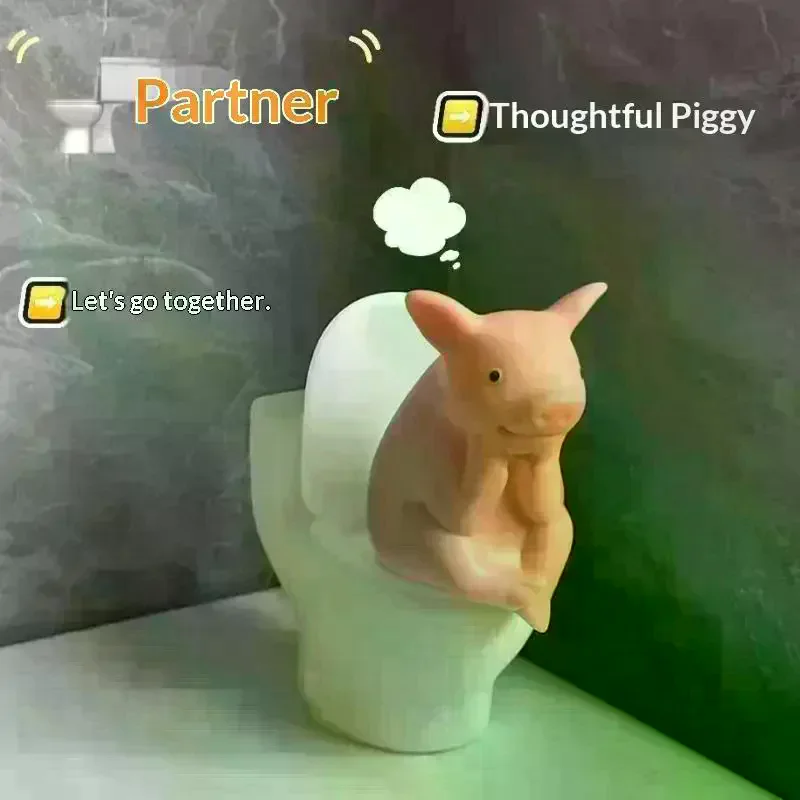 1PC Cute Pig Sitting On Toilet Pvc Bathroom Statue Tabletop Wall-Mount Father's Gift Home Office