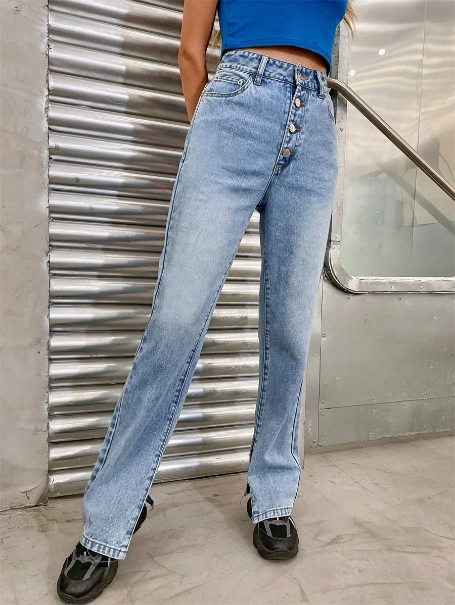 

Vintage Button Fly Straight Mom Jeans Women's Clothing Streetwear Casual Loose High Waist Split Jeans Fashion