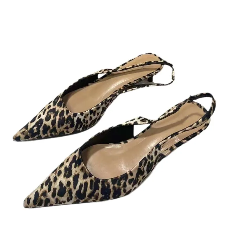 PSEEWE Leopard Print Women Pumps 2024 Summer Cat heels Sandals Woman Retro Pointed Slingback High Heels Elegant Heeled Shoes