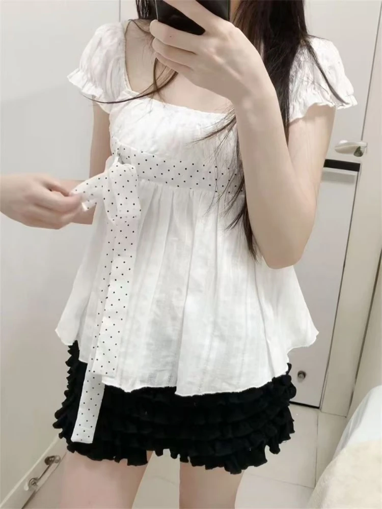 Cute Korean Fashion Polka Dot Bow Puff Sleeve White Black 2-piece Set Blouse Ruffle Shorts Women Girls Daily Streetwear Outfit - view 4