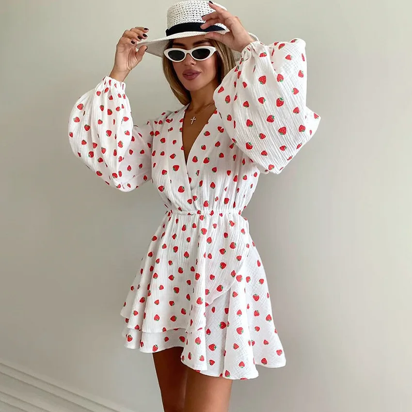 

Strawberry Sweet Summer Women Dress Fashion A-line Elastic Waist Short Dresses Cotton V-neck Lantern Sleeve Vestidos 2024 New