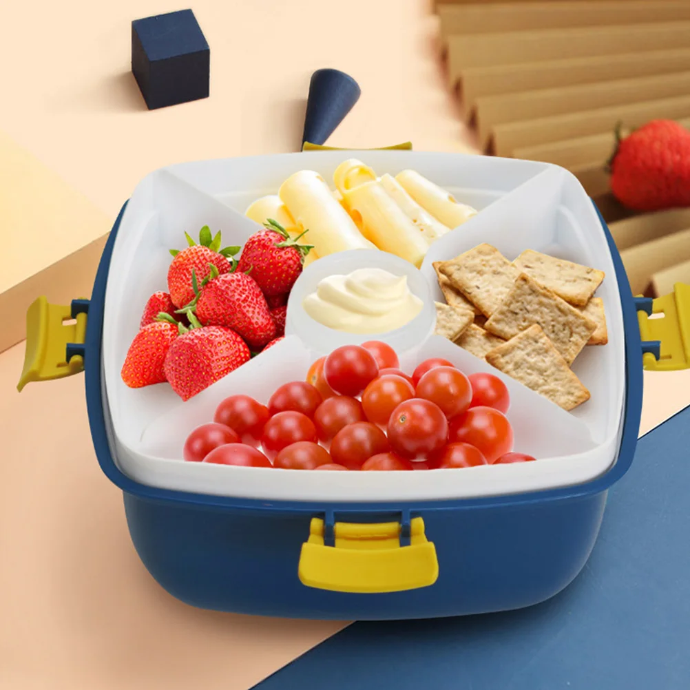 

1 set 1 Set Double Layer Salad Box Fork Cutter Portable Food Container Lunch Sealable Pp Sauce Compartment Navy