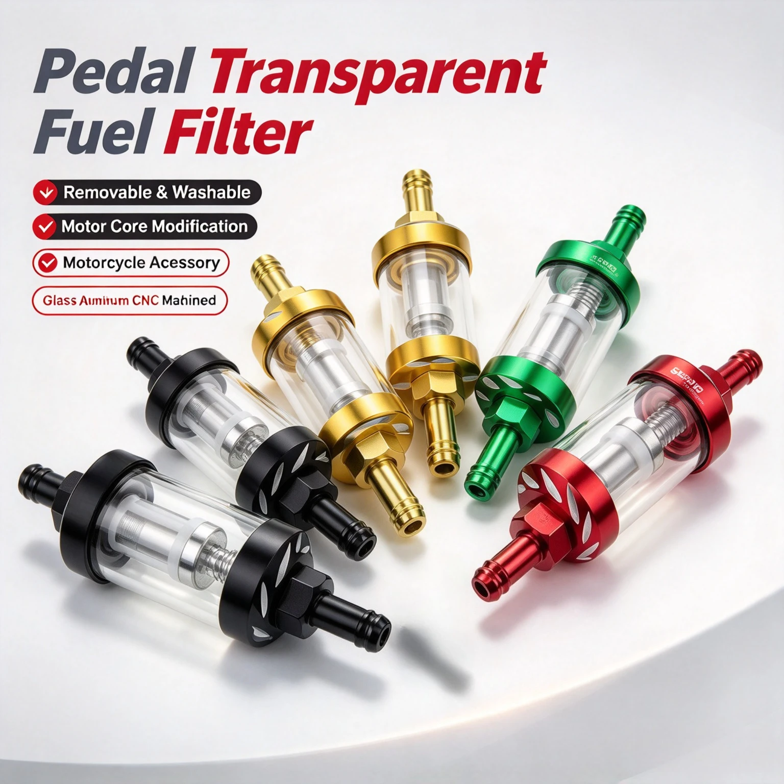 Pedal Transparent Glass Aluminum Core CNC Fuel Filter Motor Core Removable Washable Filter Motorcycle Modification Accessories