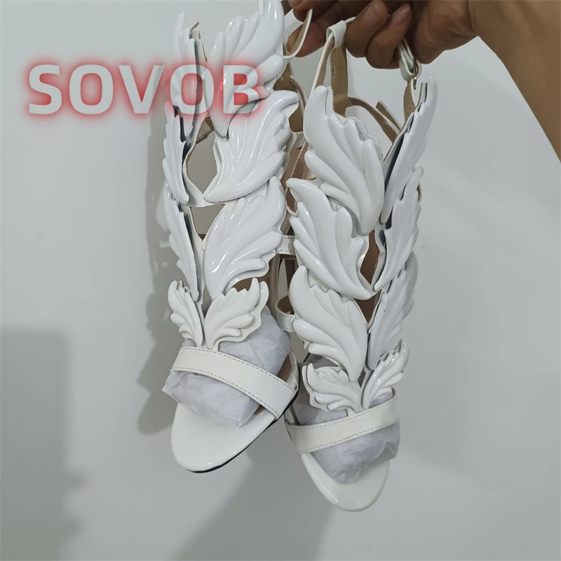 White Elegant Prom Heels Sandals Open Toe Leaf Wing Caged Sandals Chic Party Event Stiletto Shoes Stylish Party Footwear