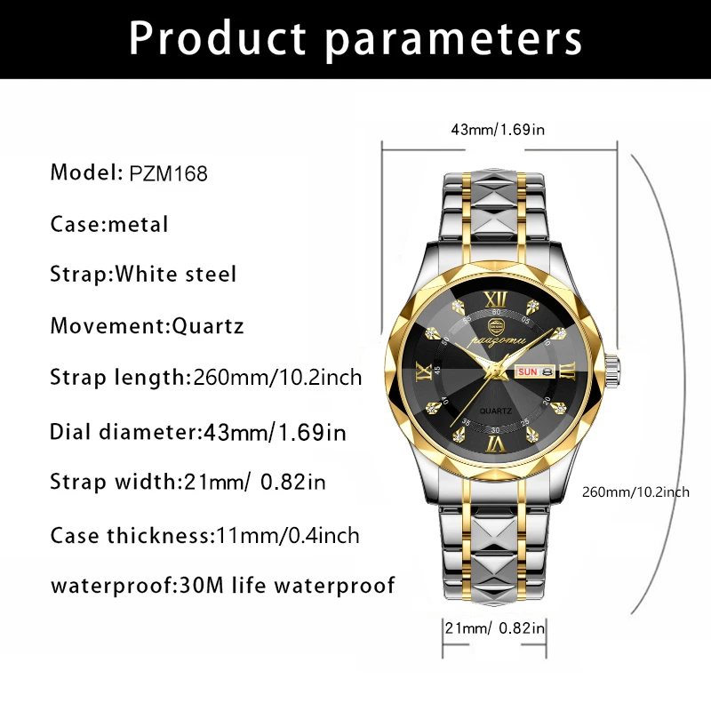 PAAZOMU ساعة كوارتز رجالية فاخرة مقاوم للماء تاريخ الأسبوع مضيئة ساعة اليد الفولاذ المقاوم للصدأ ساعات رجالية ساعة رجالية رياضية Reloj