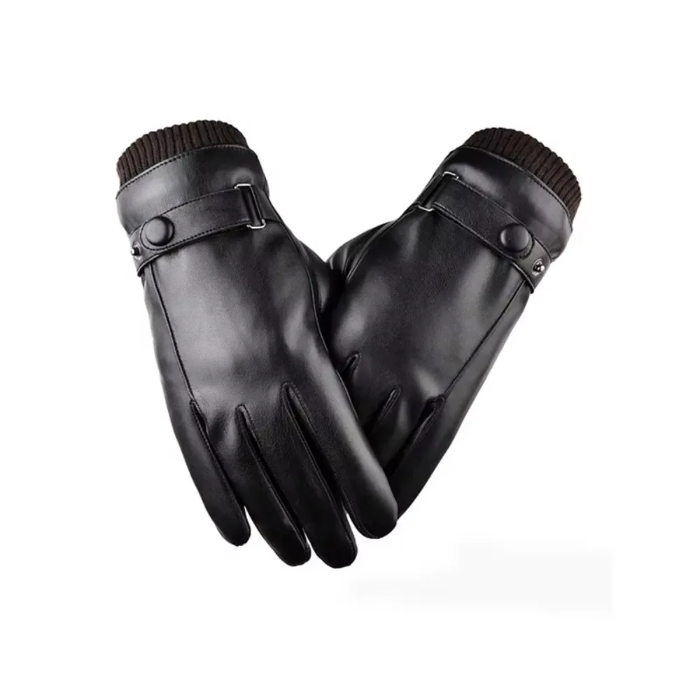 Winter Fashion Black PU Leather Men's Gloves Thin Driving Style Non-Slip Full Fingers Palm Touchscreen Compatible