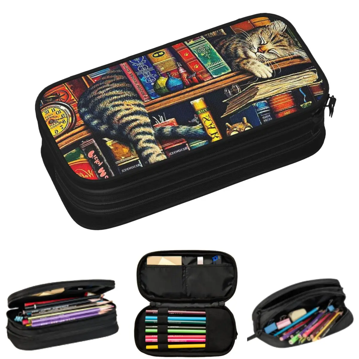 

Пеналы для карандашей с милым котом на книжной полке, пеналы для школьников, сумка для ручек, большая сумка для хранения карандашей