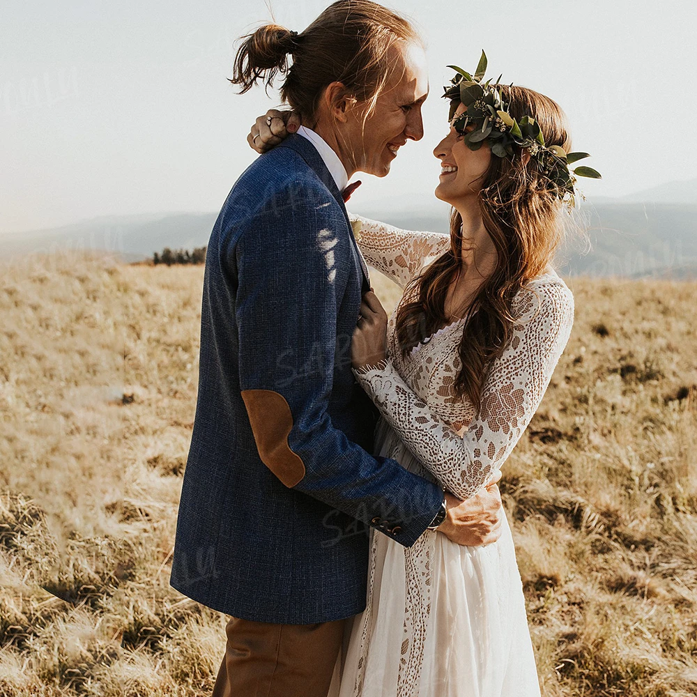 Lange Ärmel, A-Linie, Boho-Hochzeitskleid, maßgeschneidert, Chiffon, Spitze, V-Ausschnitt, rückenfrei, rustikales Garten-Elopement-Fotografie-Brautkleid