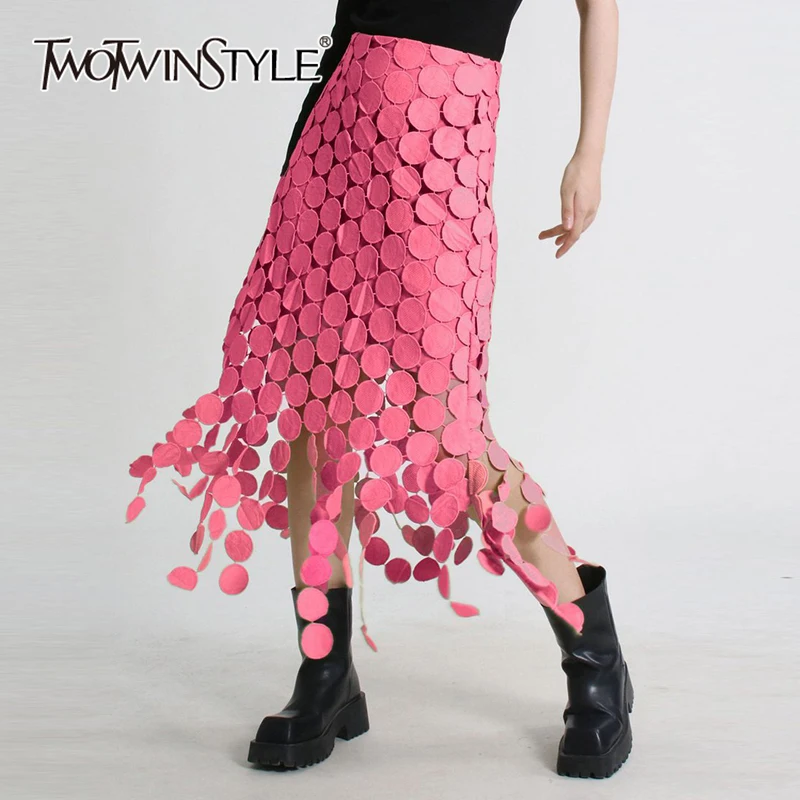 TWOTWINSTYLE Solid Summer Irregular Hem A Line Skirt For Women High Waist Spliced Tassel Hollow Out Midi Skirts Female Fashion