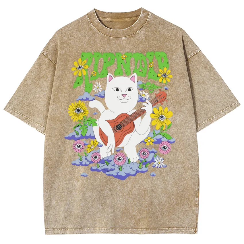 White Cute Cat Play Guitar Print Women's T-Shirt Fashion Cute Casual Feng Wash Cotton Short Sleeve Funny Top Tees