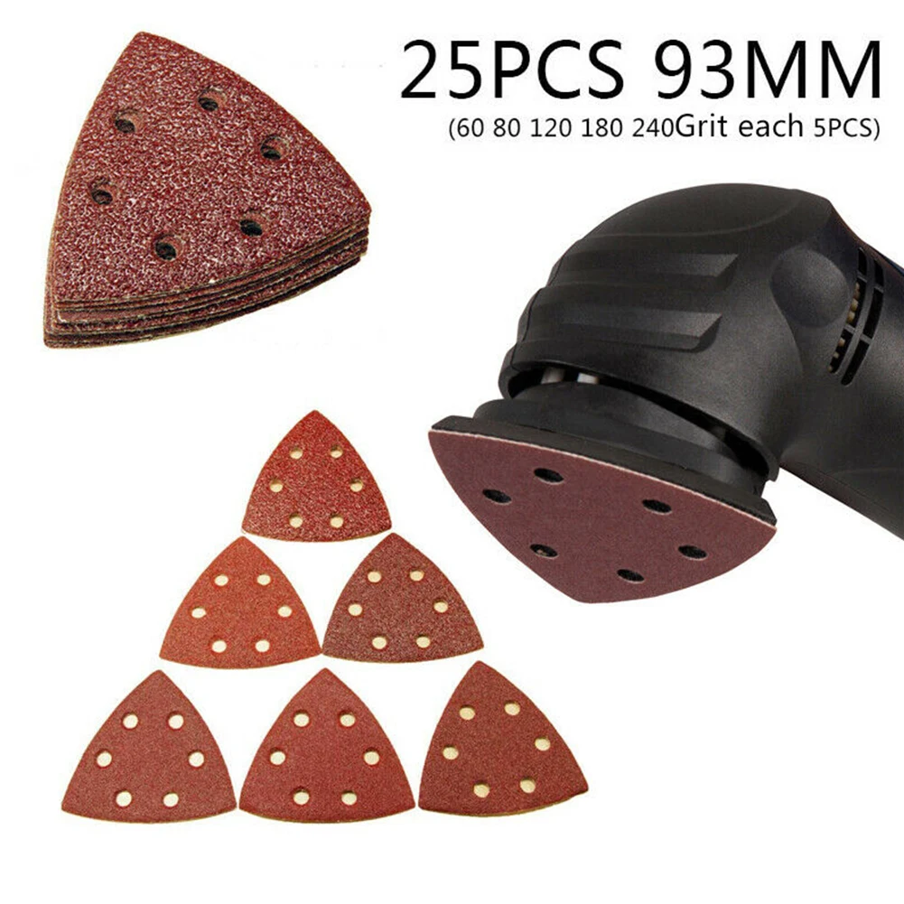 25pcs 93mm Sanding Paper 60/80/120/180/240Grit Triangle Sanding Pads Set 6 Dust Extraction Hole For Sander Abrasive Tools