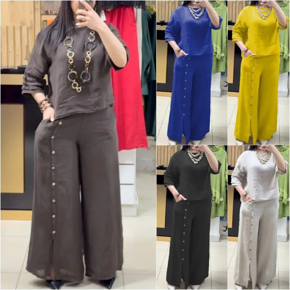 

Women's Cotton Linen Short Sleeve Shirt Long Pants Fashion Set Winter Commute Style Pure Color Splice Craft Three-piece Suit