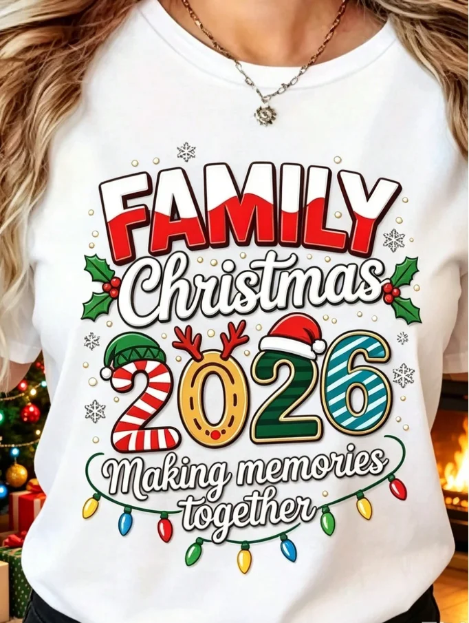 2026 Fashion New Arrival Family Matching Christmas T-Shirt, 100% Cotton Making Memories Together Graphic Tee, Xmas Lights Holly Snowflake Print Crew Neck Short Sleeve, Family Holiday Party Casual Basic T-Shirt
