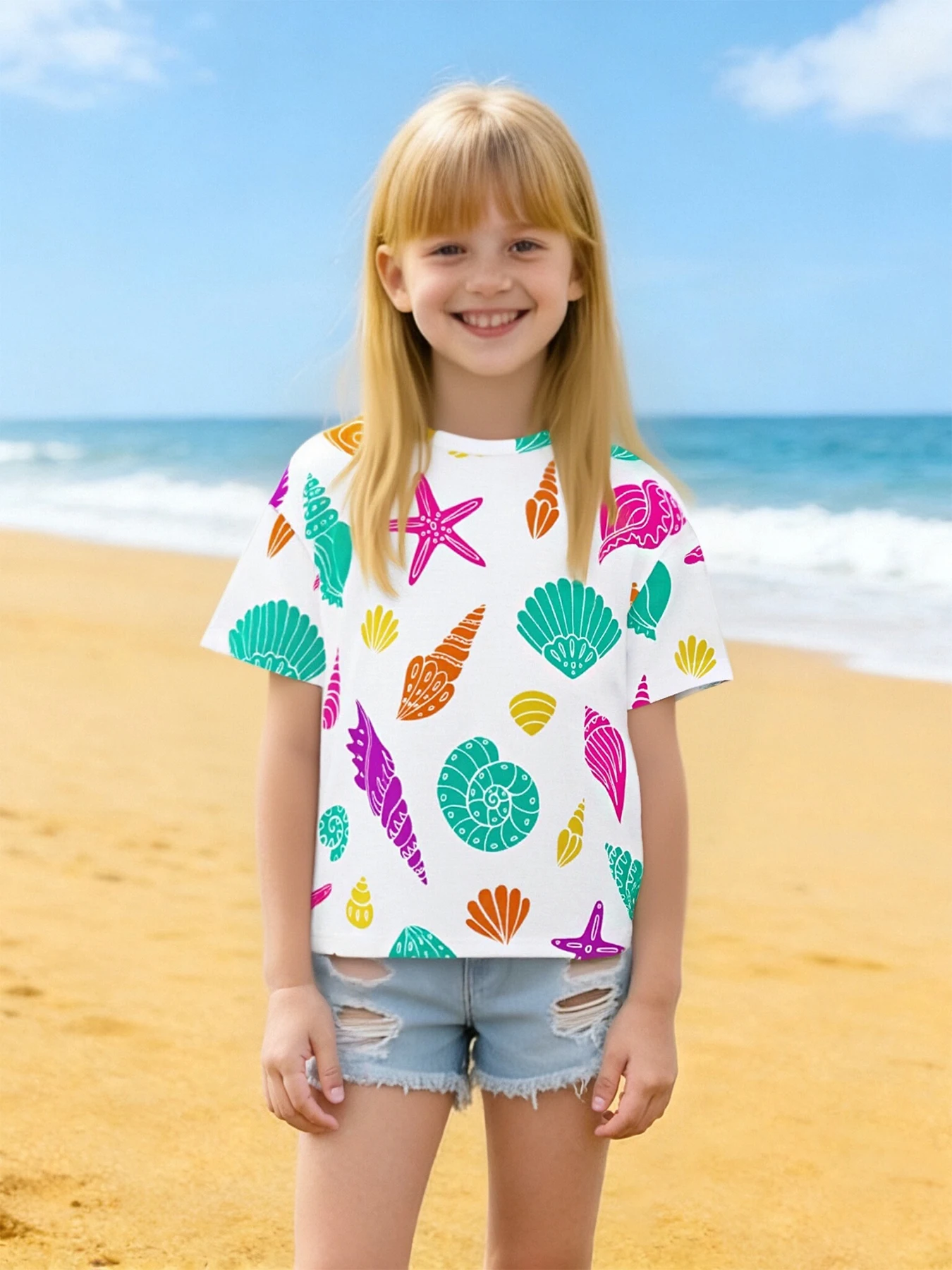 

Children's summer beach wind short-sleeved T-shirt, shell starfish print, girls' seaside vacation top