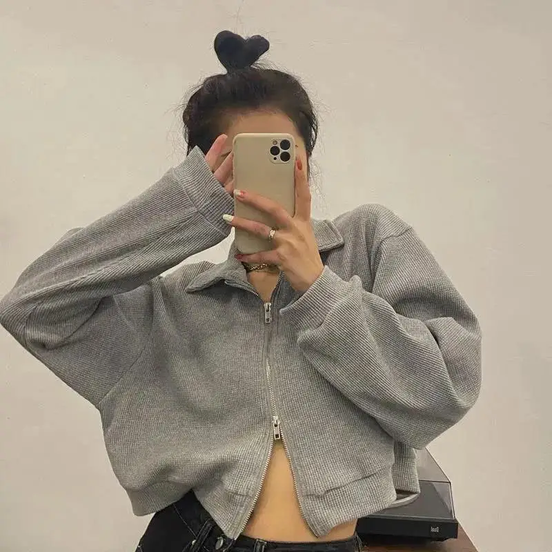 Zipper Hoodie Jacket  Collar Short Loose Female Student Spring Autumn New Style Harajuku Style Ins Trendy Polyester Fiber